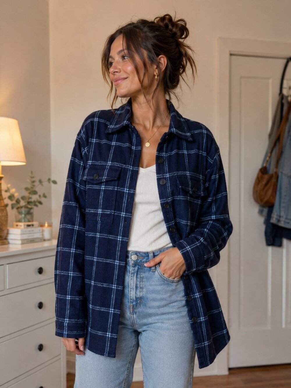 Tilley Navy Windowpane Plaid Overshirt Jacket XS Soft Wool Blend Shacket